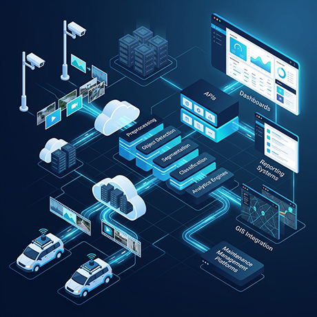 YNMDrishti pipeline — survey vehicles feed video to preprocessing, object detection, segmentation and classification, out to dashboards, reporting systems and GIS