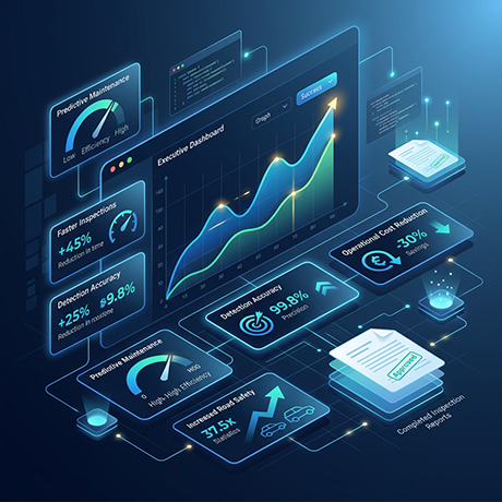 Illustrative executive dashboard concept — inspection trends, detection accuracy and cost metrics flowing into approved reports